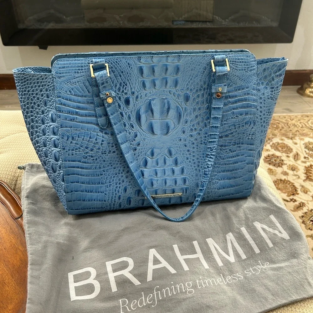 Brahmin Croc Embossed Tote Bag Blue  with Gold Hardware - Picture 13 of 13